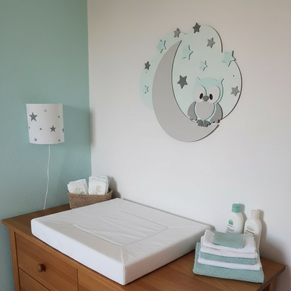 Houten muurdecoratie voor babykamer met uiltje op maan en sterren.