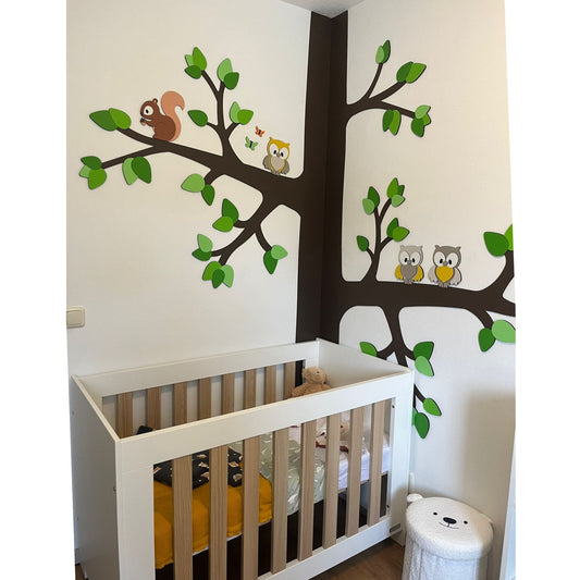 Muurdecoraties-babykamer-boom-uiltjes-groen