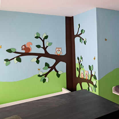 Muurdecoraties-babykamer-boom-uiltjes-groen