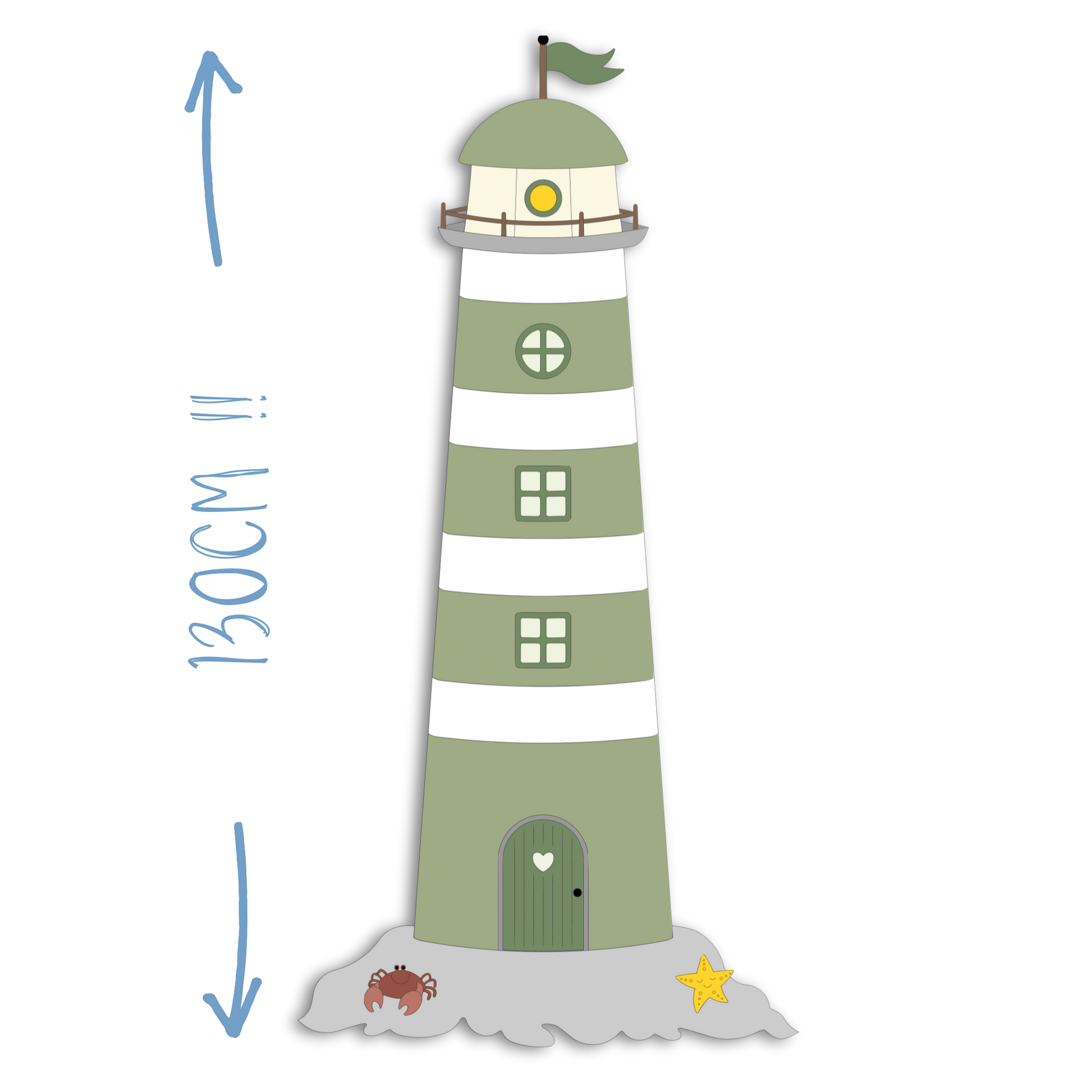 Houten muurstickers kinderkamer grote groene vuurtoren van 130cm op een rots 