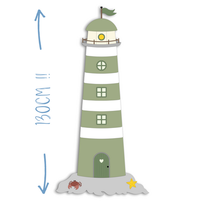 Houten muurstickers kinderkamer grote groene vuurtoren van 130cm op een rots 