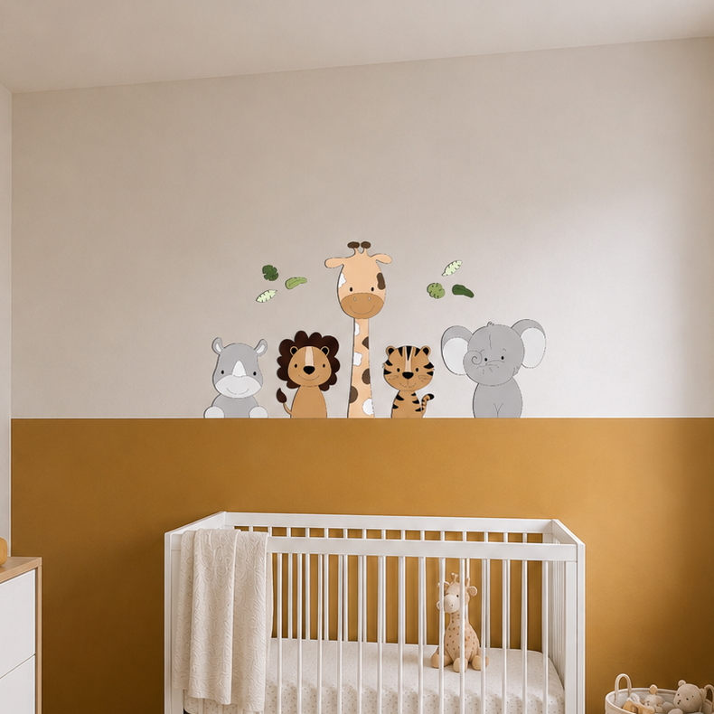safaridieren voor aan de muur – stijlvolle muurstickers en wanddecoratie voor de babykamer in beige tinten.
