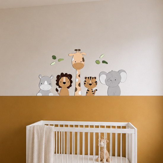 safaridieren voor aan de muur – stijlvolle muurstickers en wanddecoratie voor de babykamer in beige tinten.