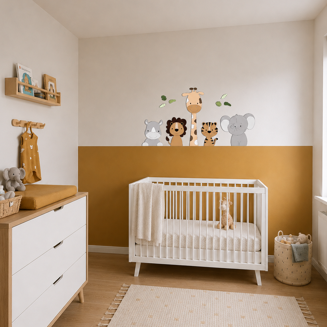 safaridieren voor aan de muur – stijlvolle muurstickers en wanddecoratie voor de babykamer in beige tinten.