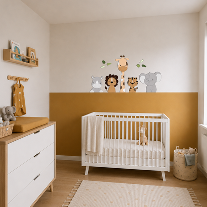 safaridieren voor aan de muur – stijlvolle muurstickers en wanddecoratie voor de babykamer in beige tinten.