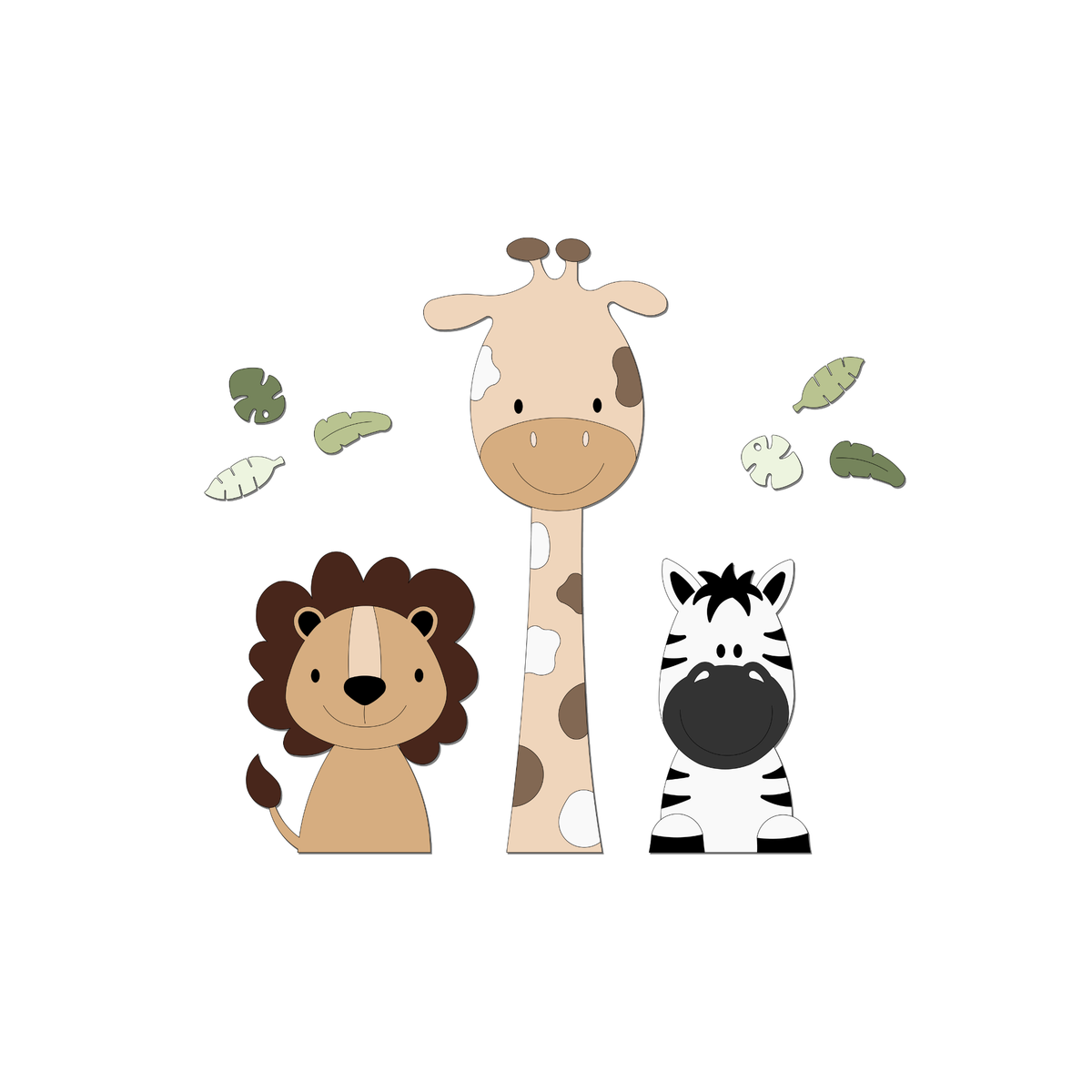Muurdecoratie voor kinderkamer in junglethema, leeuw giraf en olifant in natuurlijke kleuren.