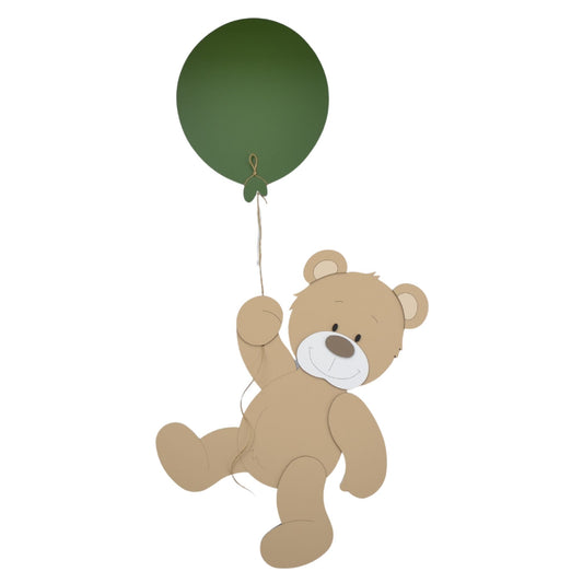 Houten muurstickers babykamer beige beertje hangend aan een groene ballon