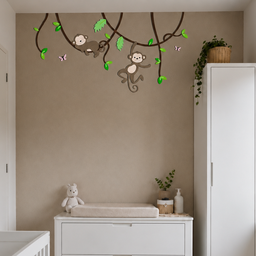muurdecoratie voor babykamer, lianen met slapend en hangend aapje, geschikt voor jungle of safari thema.