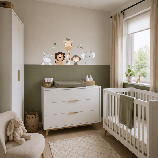 Babykamer met houten ledikant, witte commode, olijfgroene lambrisering en muurdecoratie met een nijlpaard, leeuw, giraf, aapje en olifant.
