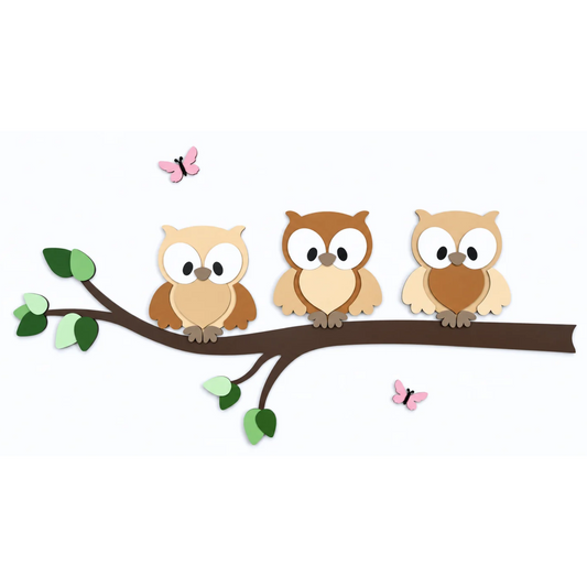 muurdecoratie voor babykamer, tak met groene bladeren en uiltjes. Geschikt voor een bosthema kinderkamer.