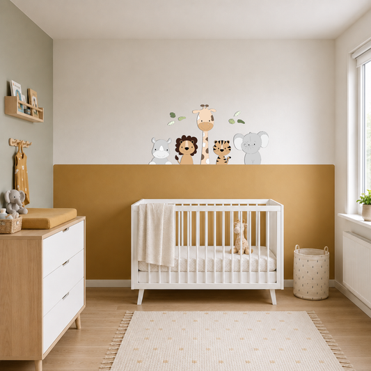 Safari thema babykamer: mosterd geel met jungledieren muurdecoraties.