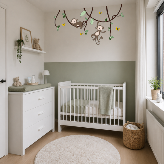 Kinderkamer in jungle thema: slapend en hangend aapje aan lianen.