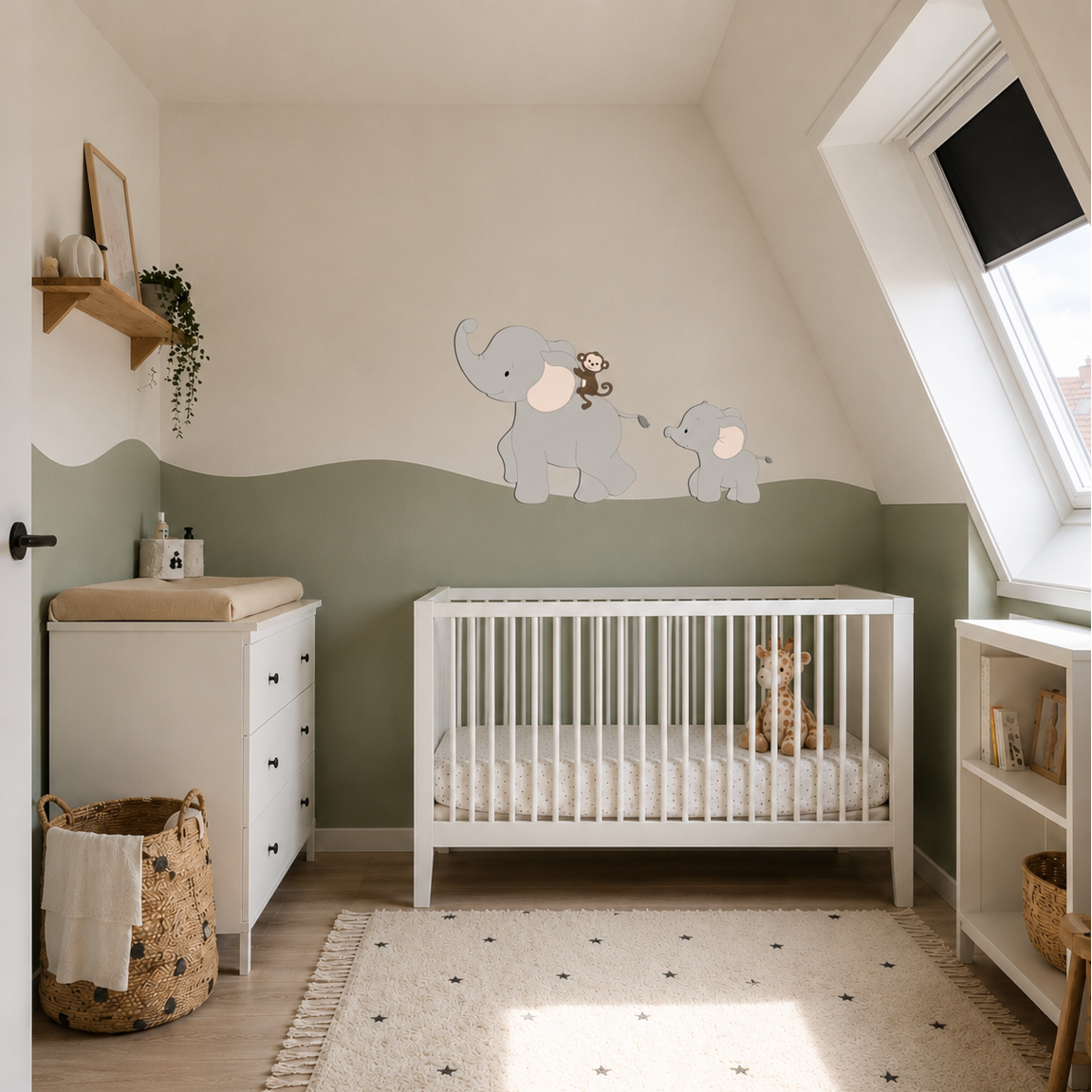muurstickers voor jungle of safari babykamer thema. Grote grijze olifant met vrolijk aapje op de rug, gevolgd door een baby olifantje.