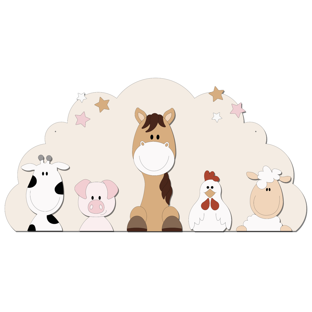 Houten muurdecoratie met koe, varken, paard, kip en schaap voor een baby- of kinderkamer met boerderijthema. De dieren staan samen voor een wolkvorm met sterren en vormen zo een complete boerderijdieren decoratie voor aan de muur.