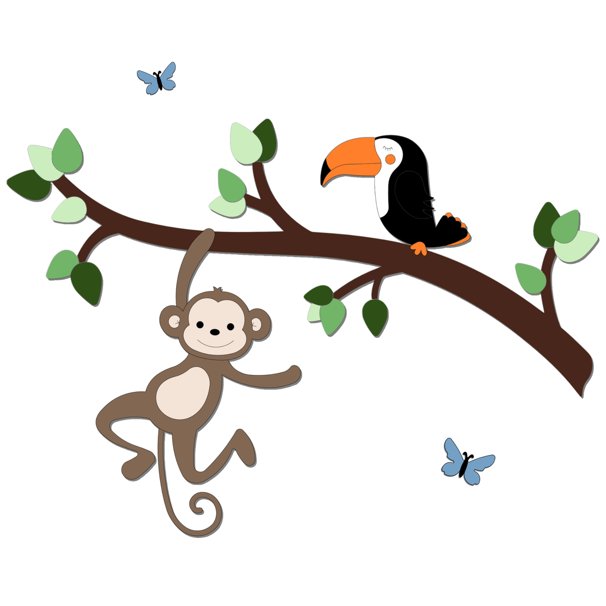 Houten muurdecoratie voor jungle of safarithema kinderkamer; tak met groene bladeren, hangend aapje en kleurige toekan.