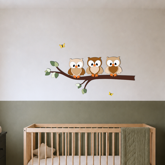 Houten muursticker - Tak met 3 bosuiltjes - naturel - oranje pootjes (vlinders optioneel ) (95x42cm)
