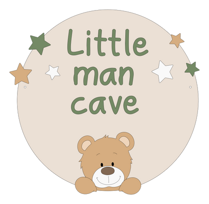 Muurdecoratie muurcirkel babykamer hout schattige beige beer op beige rond bord met de tekst little man cave