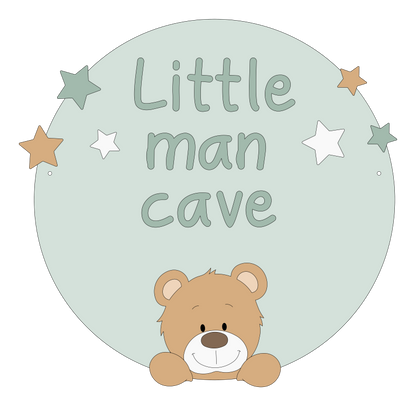 Muurdecoratie muurcirkel babykamer hout schattige beige beer op groen rond bord met de tekst little man cave