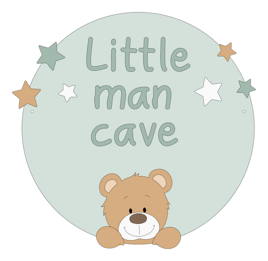 Muurdecoratie muurcirkel babykamer hout schattige beige beer op groen rond bord met de tekst little man cave