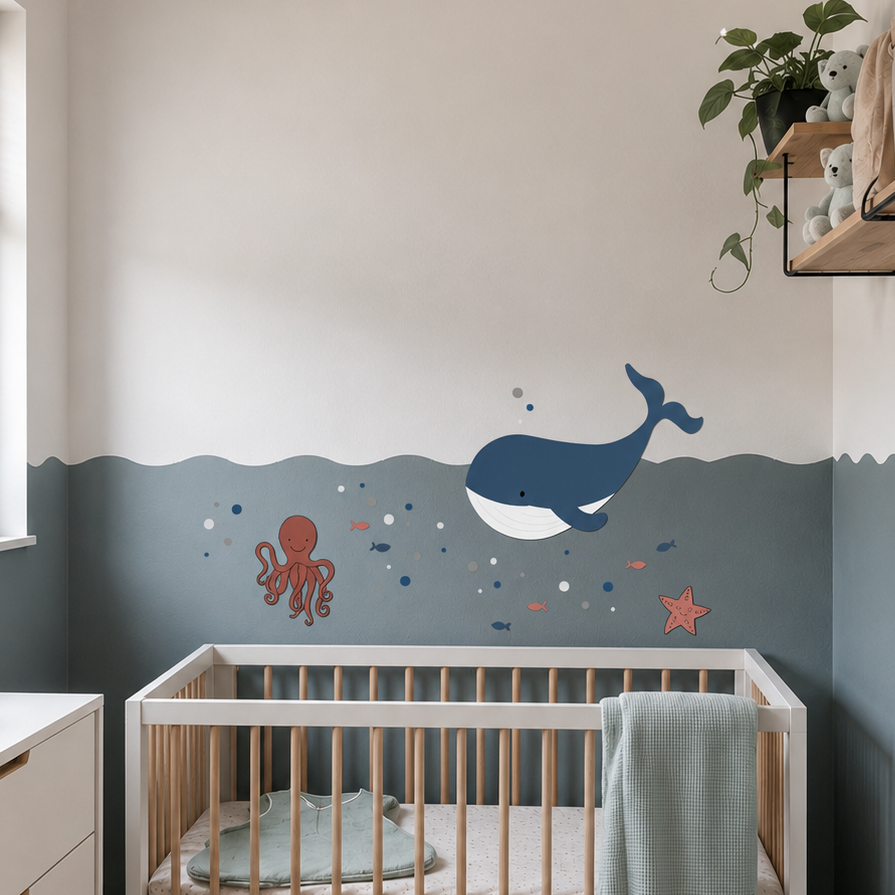 Babykamer met wit-houten ledikant, blauwe lambrisering en houten muurdecoratie met een walvis, octopus, zeester en kleine visjes.