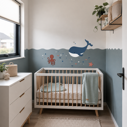Babykamer met wit-houten ledikant, blauwe lambrisering en houten muurdecoratie met een walvis, octopus, zeester en kleine visjes.
