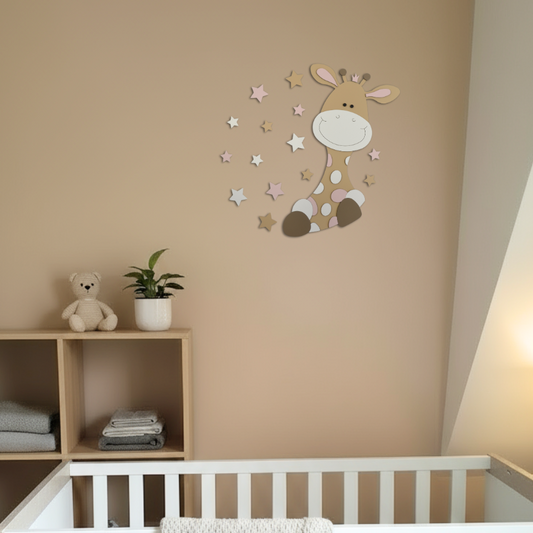 Muurdecoratie voor babykamer, vrolijke giraf met sterren.