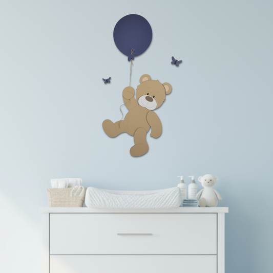 muurstickers babykamer beige beertje hangend aan ballon