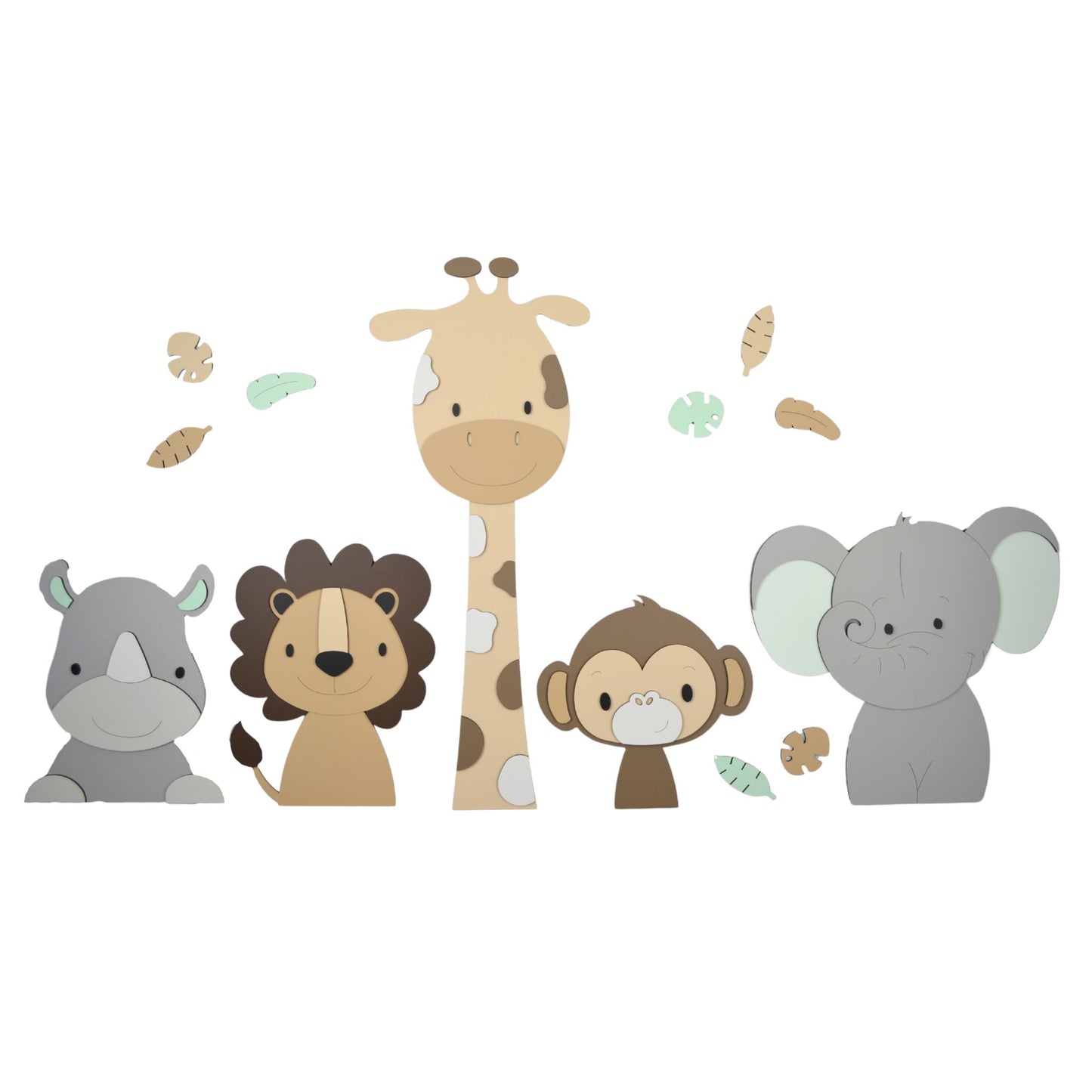 muurstickers met safaridieren voor de babykamer – giraf, leeuw en olifant als natuurlijke wanddecoratie in beige tinten.