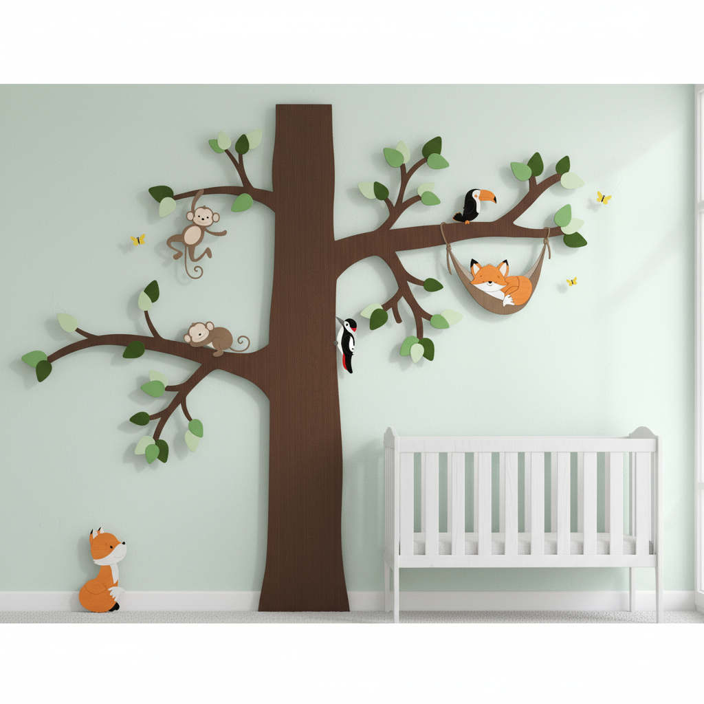 Inspiratie voor de babykamer:  grote boom in hoek met slapend vosje in hangmat.
