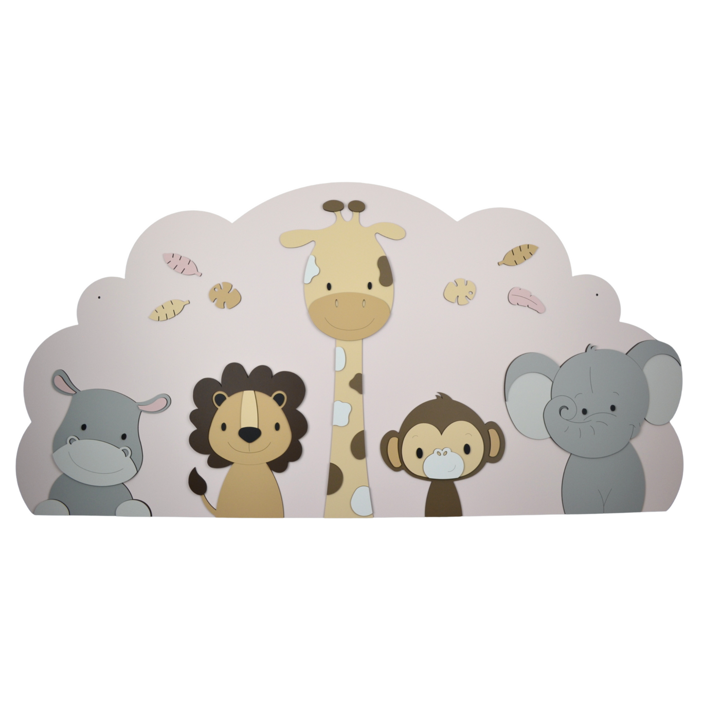jungledieren voor aan de muur – lieve muurdecoratie met giraf, leeuw en olifant in warme, neutrale tinten voor de babykamer.