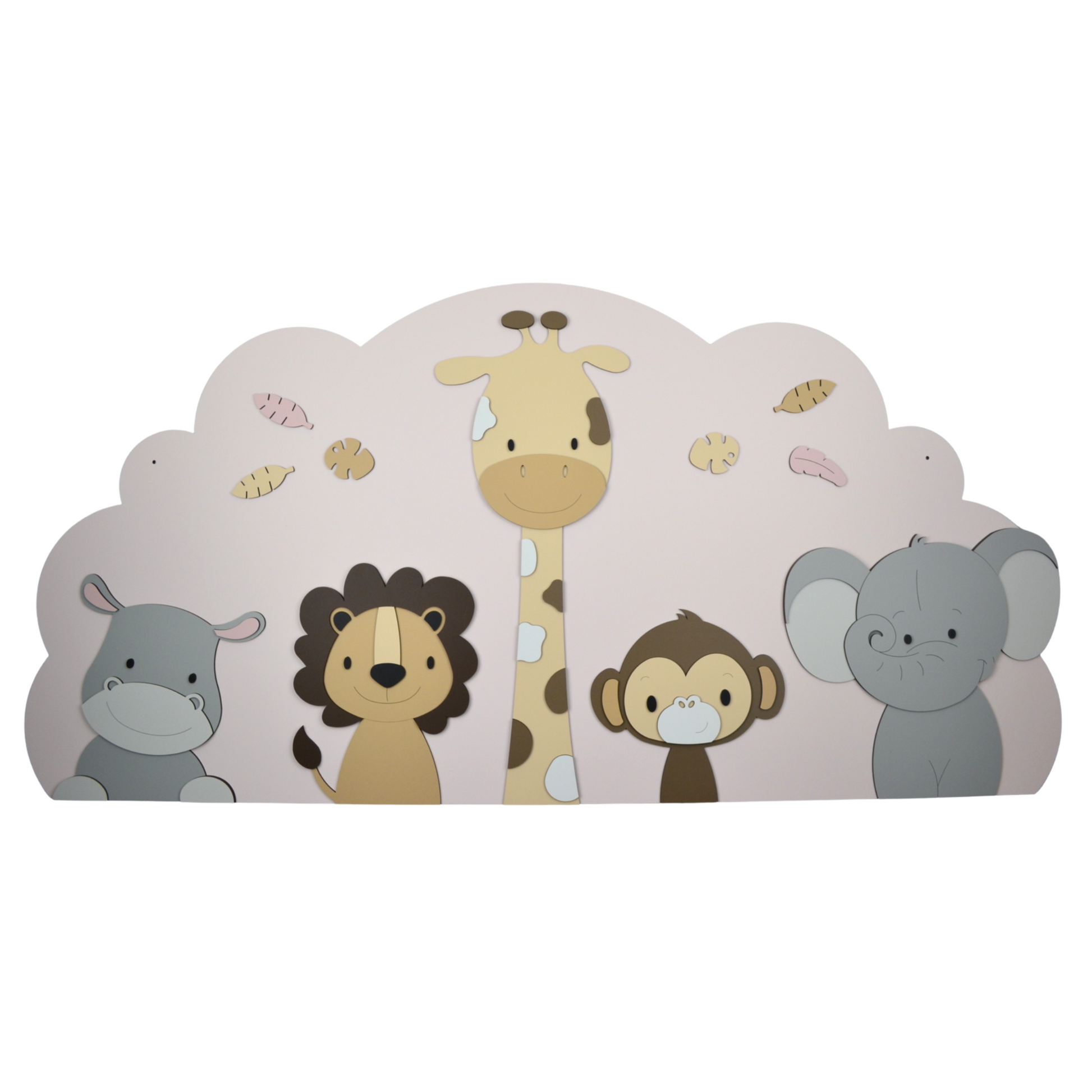 jungledieren voor aan de muur – lieve muurdecoratie met giraf, leeuw en olifant in warme, neutrale tinten voor de babykamer.