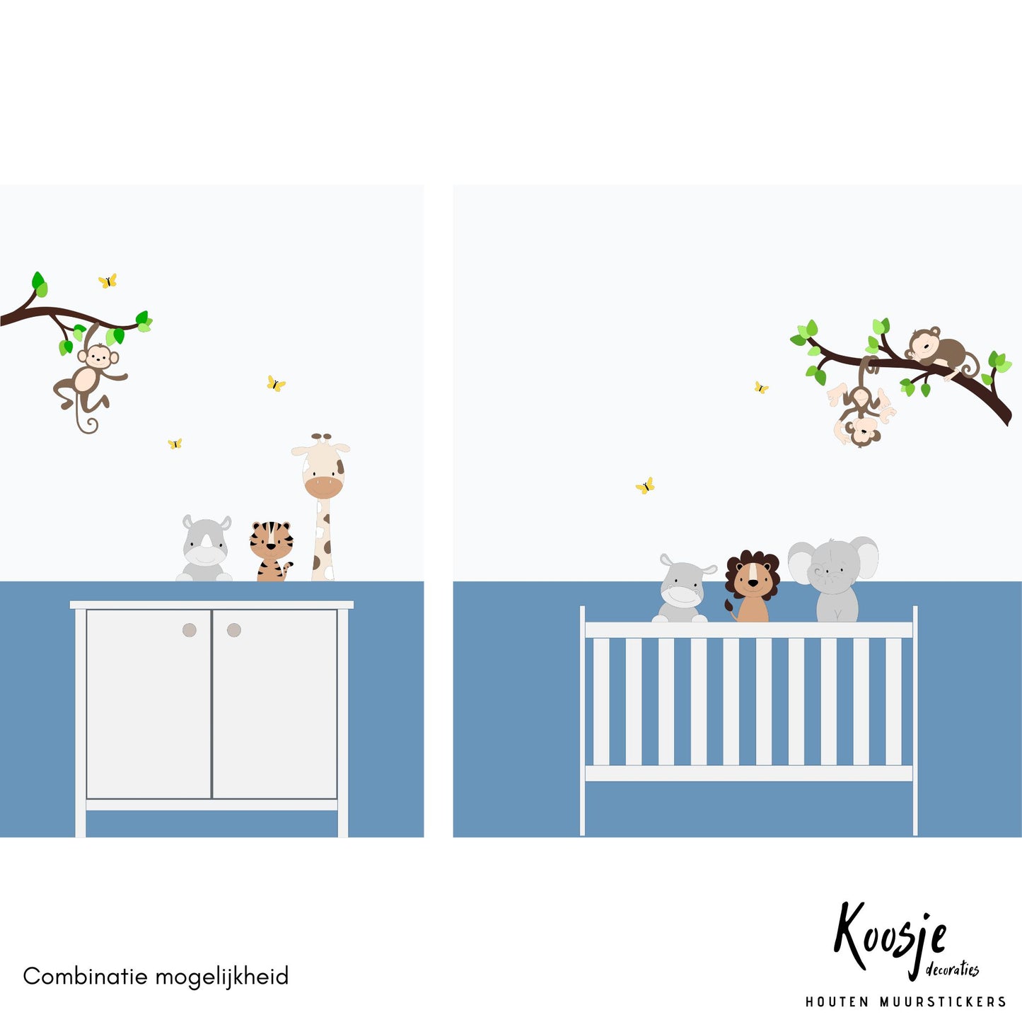Ideeën voor muurdecoratie voor kinderkamer: tak met groene bladeren en aapjes, boven blauwe lambrisering