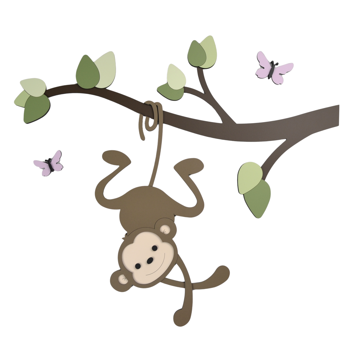 muurdecoratie voor de babykamer; tak met groene bladeren en grappig hangend aapje.