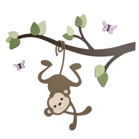 muurdecoratie voor de babykamer; tak met groene bladeren en grappig hangend aapje.