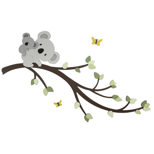 muurdecoratie voor de babykamer; tak met groene bladeren en koala met baby op de rug