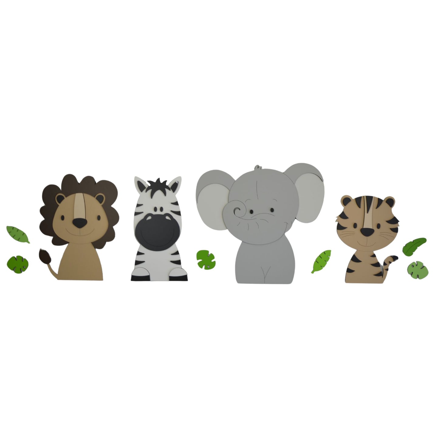  jungledieren voor aan de muur – lieve muurstickers met zebra, leeuw en olifant in warme, neutrale tinten voor de babykamer.