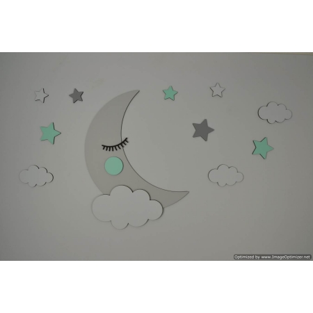 Slapende maan met sterren en wolkjes (naam optioneel) (50x35cm)