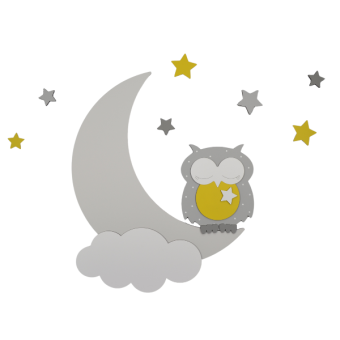 Houten muursticker - Uiltje op lichtgrijze maan met sterren (wolkjes en naam optioneel) (70x45cm)
