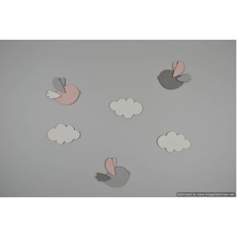 Houten muursticker - Vliegende vogeltjes met wolkjes