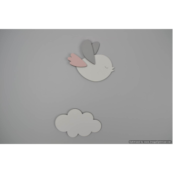 Houten muursticker - Vliegend wit vogeltje met wolkje (L)