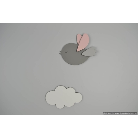 Vliegend donkergrijs vogeltje met wolkje (R)