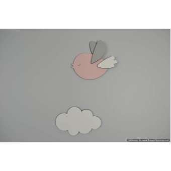 Houten muursticker - Vliegend vogeltje met wolkje (R)