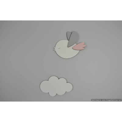 Houten muursticker - Vliegend wit vogeltje met wolkje (R)