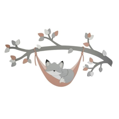 Houten muursticker - Tak met vosje in hangmat grijs met te kiezen kleur (vlinders optioneel) (100x60cm)