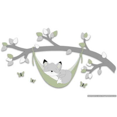 Houten muursticker - Tak met vosje in hangmat grijs met eigen kleur  (vlinders optioneel) (100x60cm)