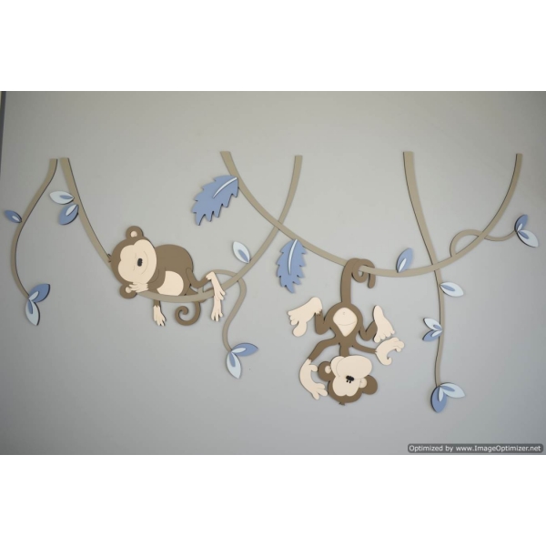 Muursticker aapjes aan lianen - met gekleurde bladeren (130x59cm)