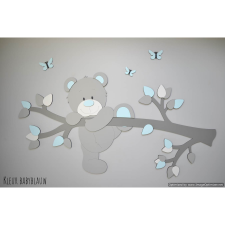 Houten muursticker tak met klauterend beertje - grijs met te kiezen kleur (vlinders optioneel) (94x50cm)