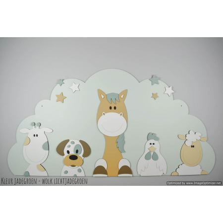 Boederijdieren (5st.) koe-hond-paard-kip-schaap  op wolk achterbord - beige met te kiezen kleur (116x58cm)