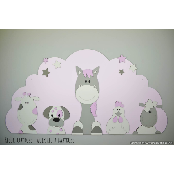 Boederijdieren (5st.) koe-hond-paard-kip-schaap  op wolk achterplaat- kleur te kiezen (116x60cm)