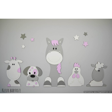 Boerderijdieren (5st.) koe-hond-paard-kip-schaap  - grijstinten met eigen kleur (100x50cm)